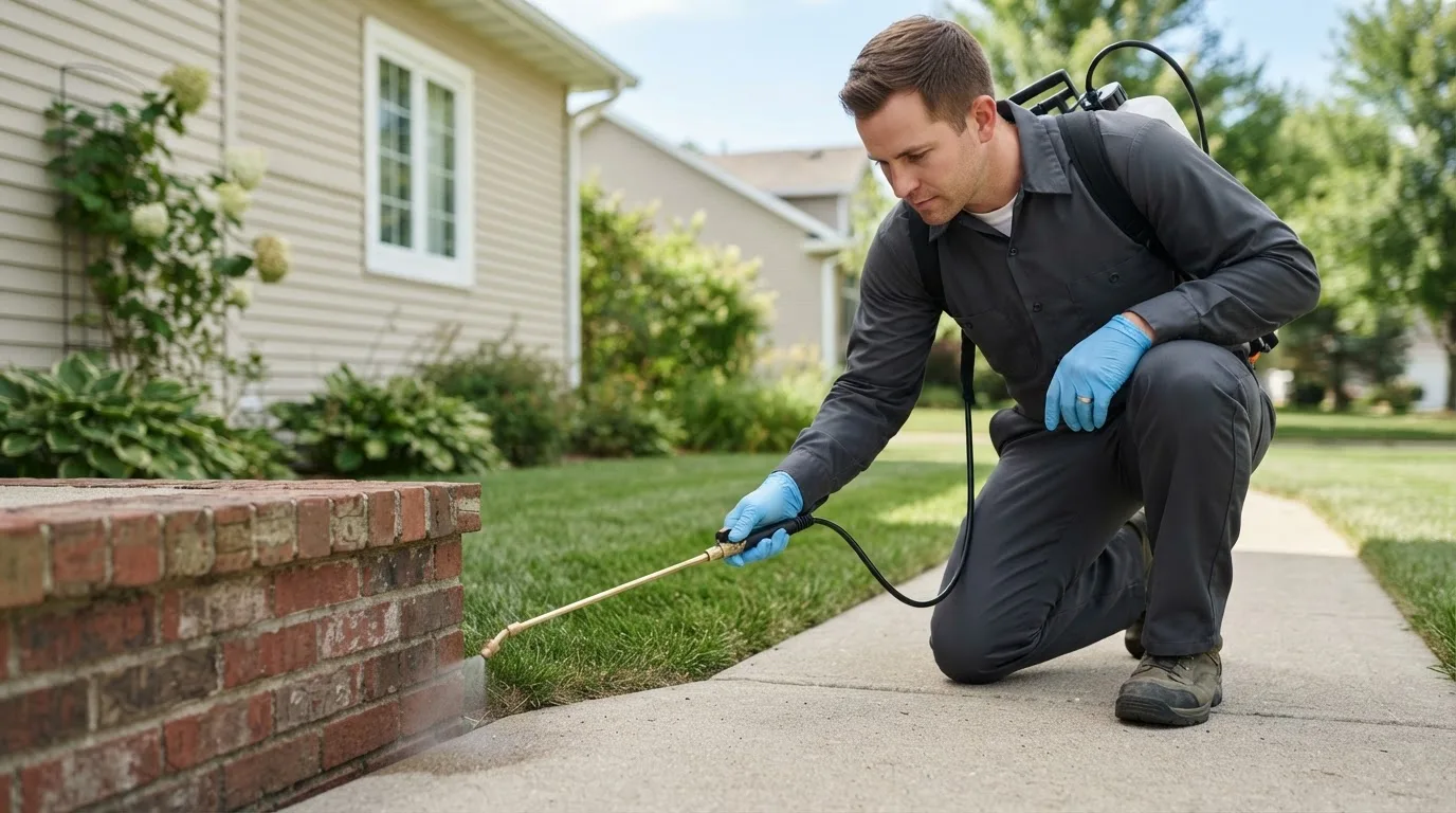 Pest control technician treating a home near Oologah, OK